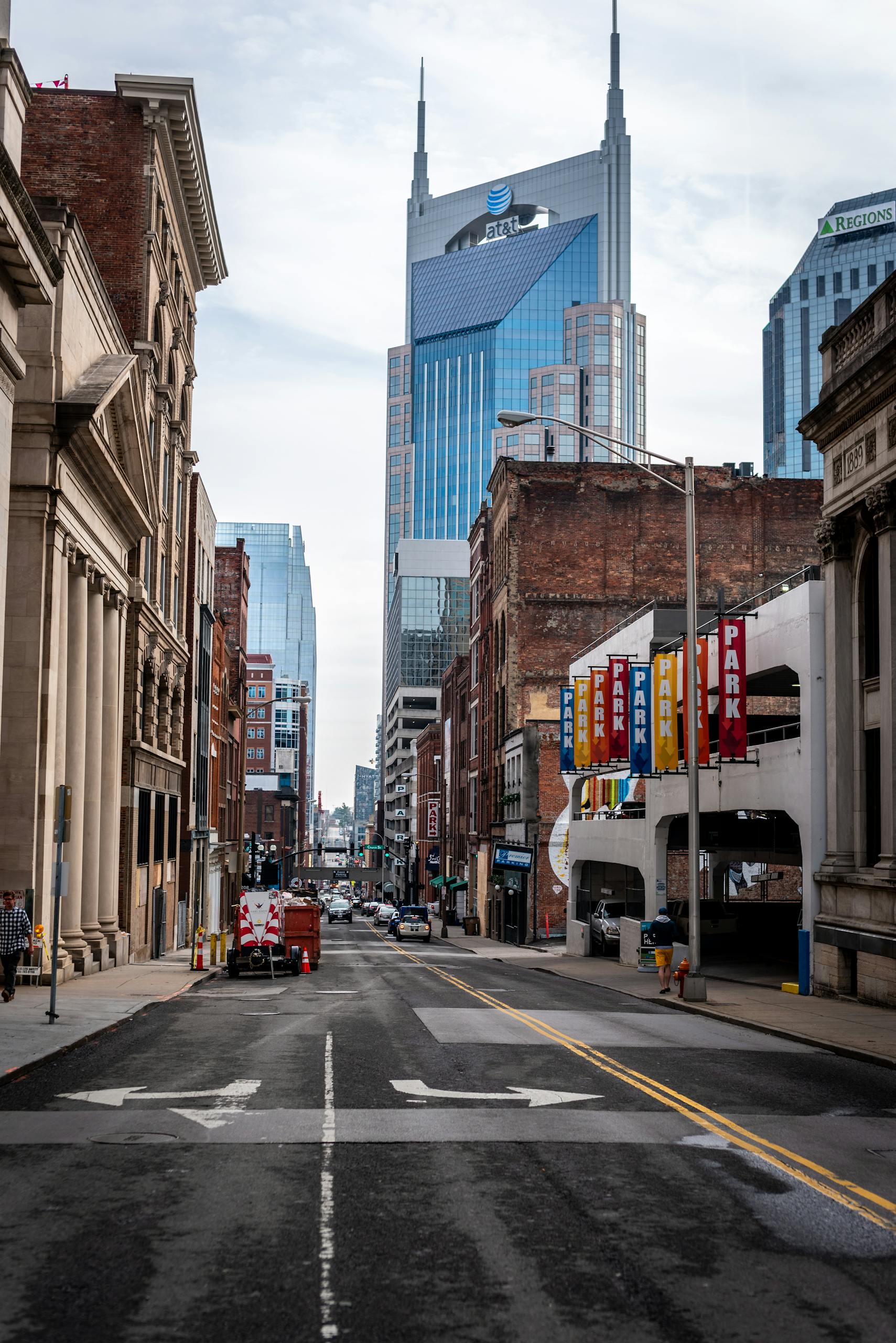 Street view of downtown Nashville showcasing the iconic AT&T building skyline.